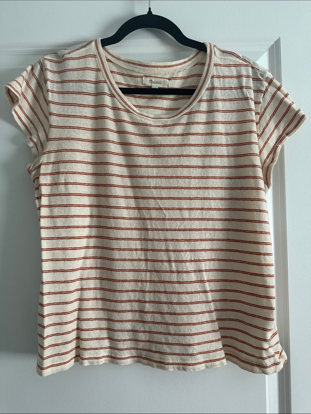 100% cotton Madewell Cream Tee with Rust Stripes, Short Sleeve